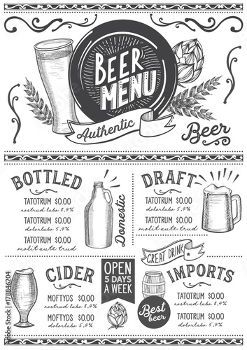 Beer menu restaurant, drink template.