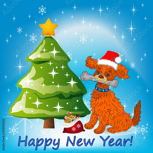Illustration, Christmas orange dog sitting near a Christmas tree in a Santa Claus hat,