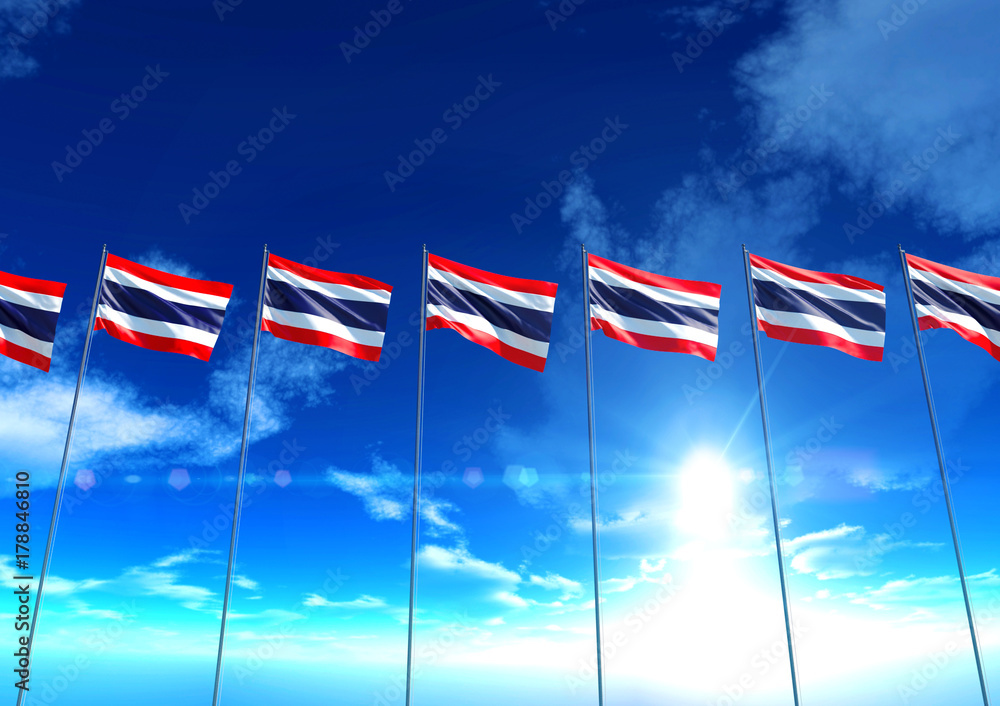Flag of Thailand under blue sky, 3D rendering Flag of Thailand under blue sky, 3D rendering