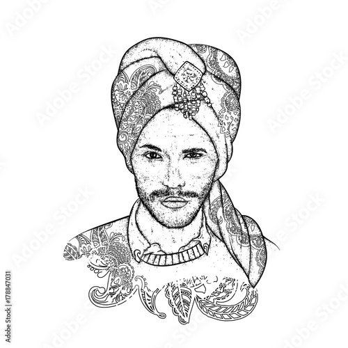 Fotografie, Obraz Beautiful sultan in a turban with patterns