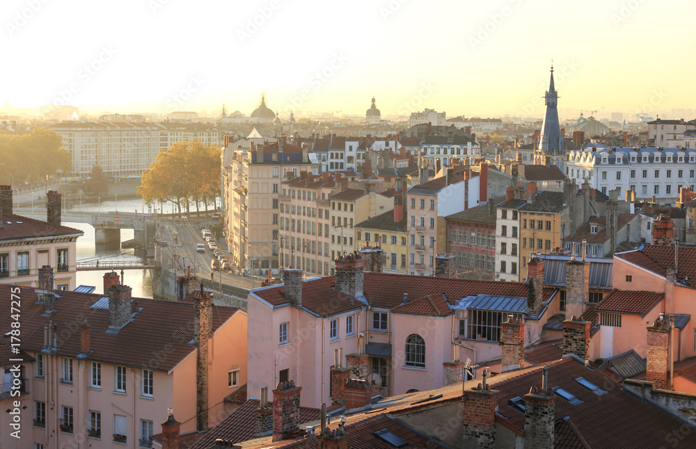 Autumn sunrise over Vieux Lyon and Croix Rousse in the city of Lyon, France.