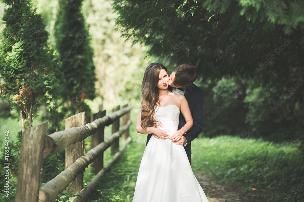 Stylish couple of happy newlyweds posing in the park on their wedding day