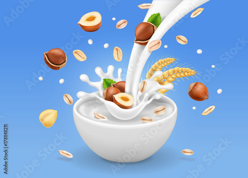 Instant oatmeal with hazelnuts. Milk splash in a bowl with oat grain and nuts advertising. Realistic vector