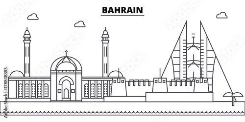 Bahrain architecture skyline: buildings, silhouette, outline landscape, landmarks. Editable strokes. Flat design line banner, vector illustration concept. 