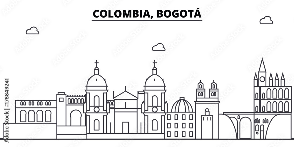 Fototapeta Kolumbia, Bogota architektura skyline: budynki, sylwetka, zarys krajobrazu, zabytki. Edytowalne obrysy. Płaska konstrukcja linii transparent, koncepcja ilustracji wektorowych.