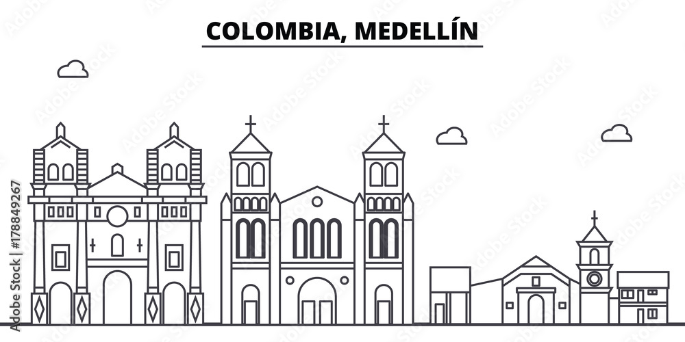 Fototapeta Kolumbia, panoramę architektury Medellin: budynki, sylwetka, zarys krajobrazu, zabytki. Edytowalne obrysy. Płaska konstrukcja linii transparent, koncepcja ilustracji wektorowych.