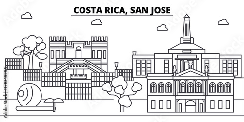 Costa Rica, San Jose architecture skyline: buildings, silhouette, outline landscape, landmarks. Editable strokes. Flat design line banner, vector illustration concept. 