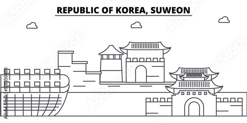 Republic Of Korea, Suweon architecture skyline: buildings, silhouette, outline landscape, landmarks. Editable strokes. Flat design line banner, vector illustration concept.  photo