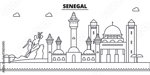 Senegal architecture skyline: buildings, silhouette, outline landscape, landmarks. Editable strokes. Flat design line banner, vector illustration concept. 