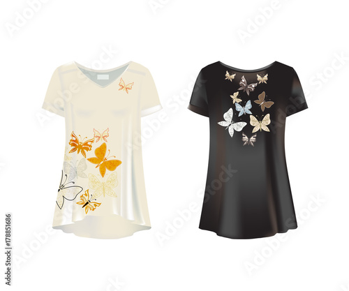 White, black mockup of women s t-shirts - tunics. Front, rear view.