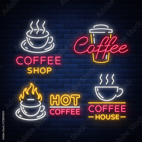 Set of vector coffee elements and accessories for coffee. Coffee logos, emblems in neon style, noy advertising coffee. Bright luminous signboard, night advertisement