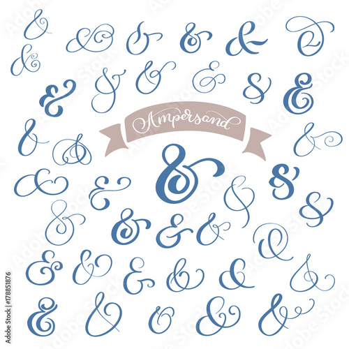 Set collection Calligraphy lettering vintage decoration ampersands for letters and invitation. Hand drawn type. Vector illustration