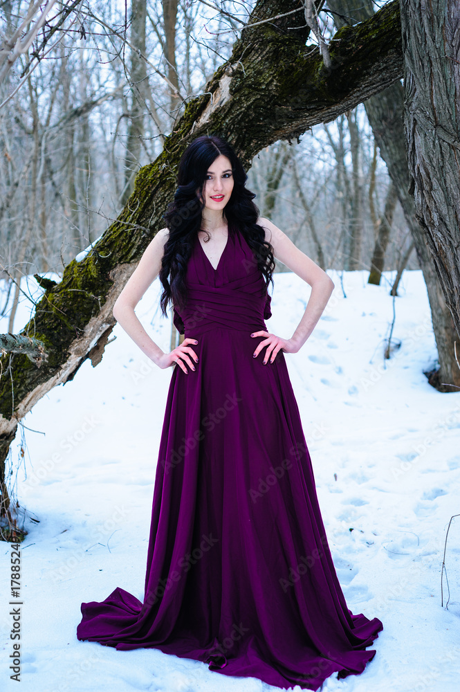 A young woman in an elegant burgundy evening dress in winter among trees and snow conceals a riddle A young woman in an elegant burgundy evening dress in winter among trees and snow conceals a riddle