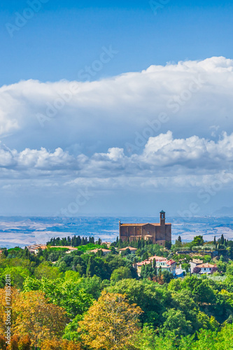 The view from San Gimigiano on the church in Tuscany landscape