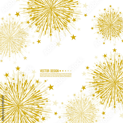 Vector firework design on white background with scattered stars and sparkles. Bright festive decoration.