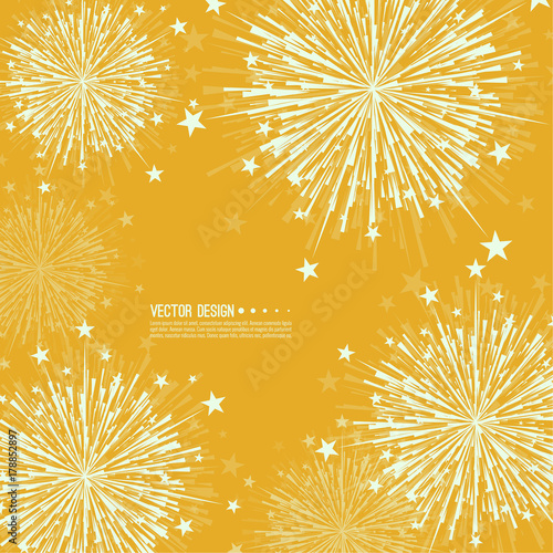 Vector firework design on white background with scattered stars and sparkles. Bright festive decoration.
