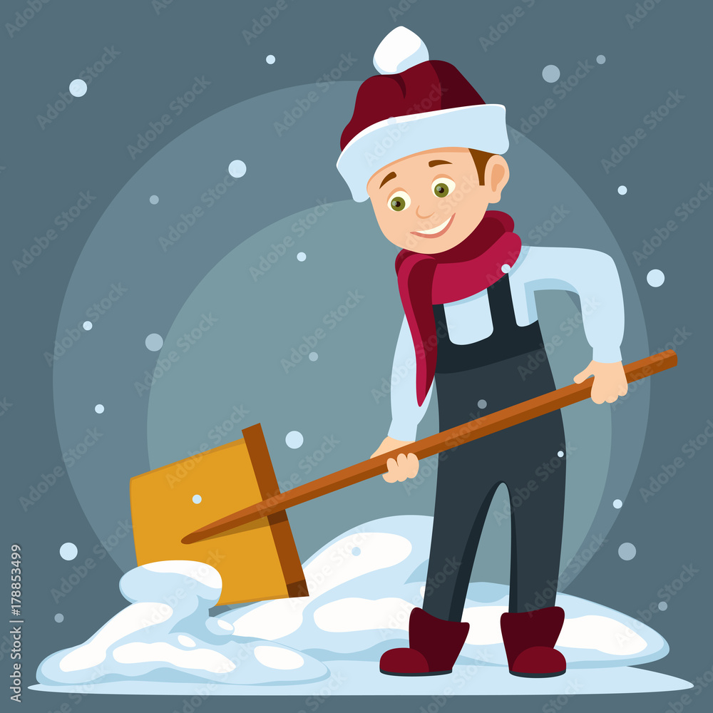 cartoon boy in overalls holding a shovel to start to clean snow vector illustration isolated on winter landscape on background