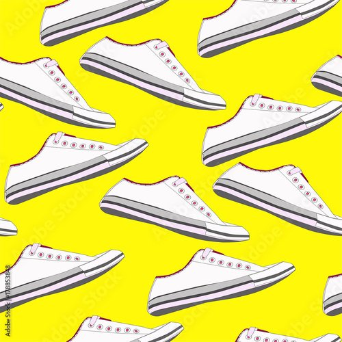 Seamless pattern with shoes in white colors on a yellow background