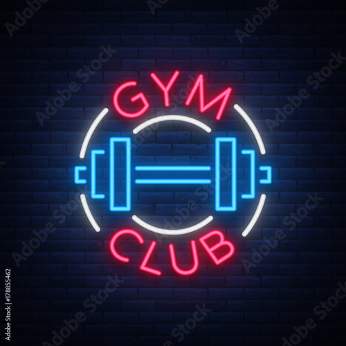 Logotype gym sign in neon style isolated vector illustration. A glowing sign, a nightly bright neon advertisement of the gym, fitness club, sports club and for your other projects