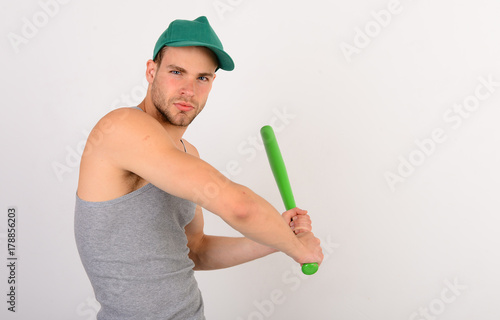 Canvas Print Sports and game concept. Man in cyan green baseball hat