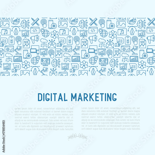 Digital marketing concept with thin line icons: searching idea, development, optimization, management, communication. Vector illustration for banner, web page, print media.