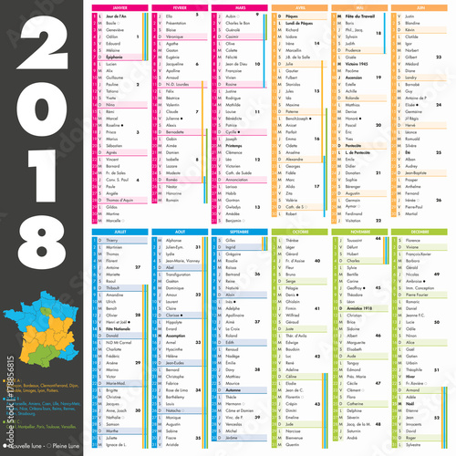 Calendrier 2018 complet 12 mois vacances scolaires lune multicolore