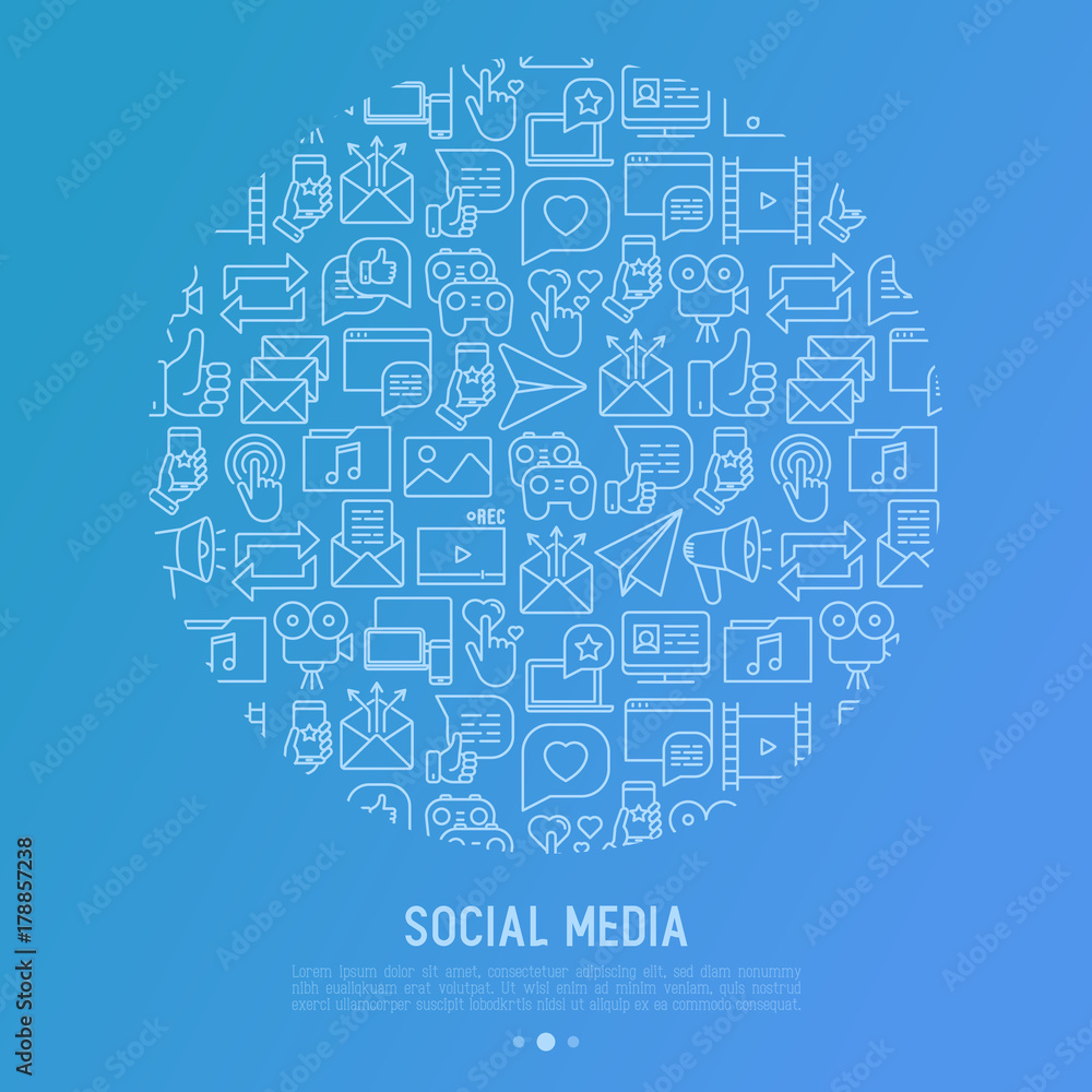 Social media concept in circle with thin line icons: of thumbs up, share, link, send e-mail, music, stream, comments. Vector illustration for banner, web page, print media.