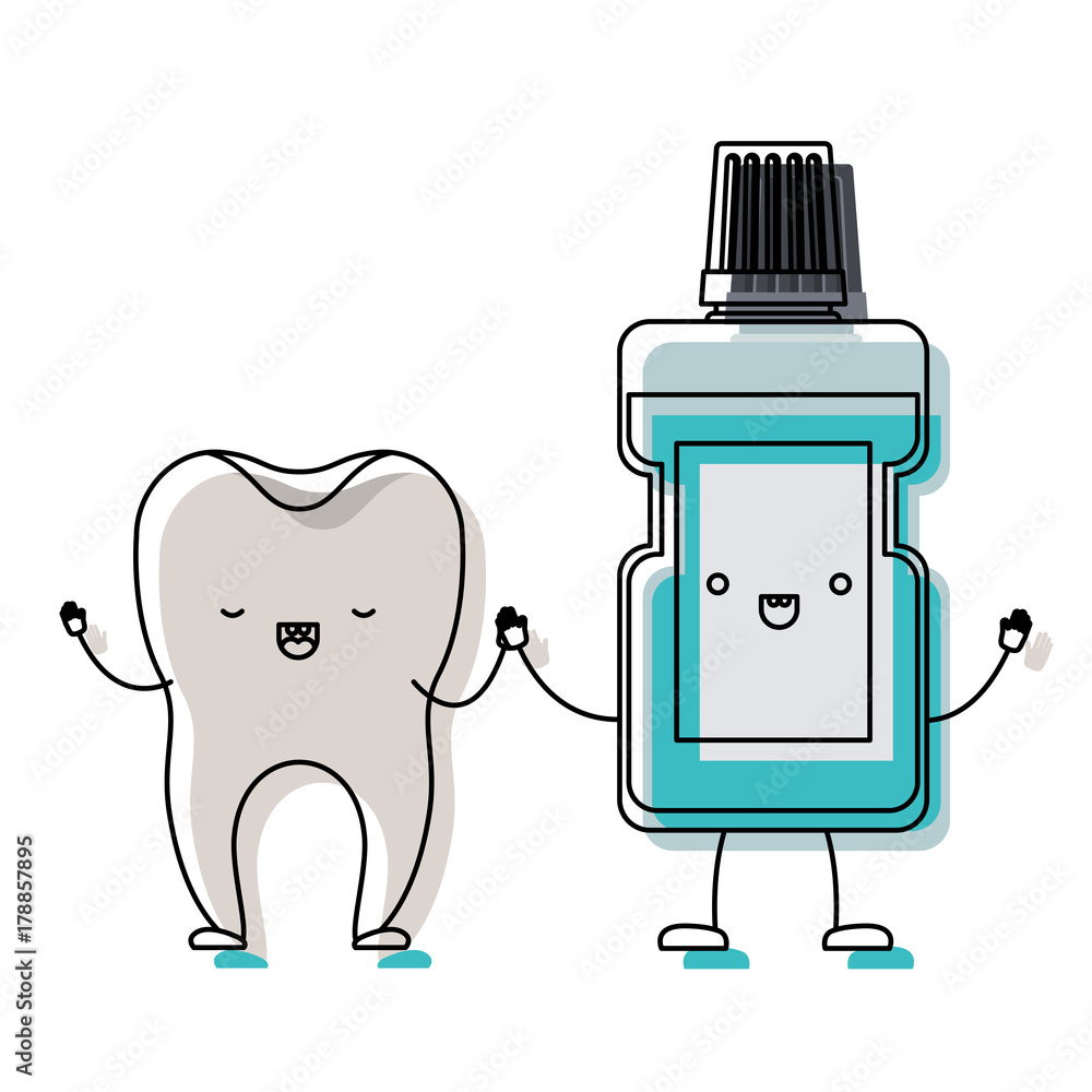 Φωτογραφία tooth and mouthwash in cartoon holding hands in watercolor silhouette