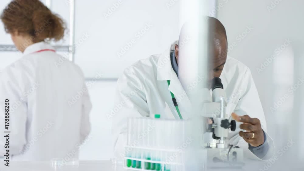  Research scientist working in laboratory, looking at sample under microscope.