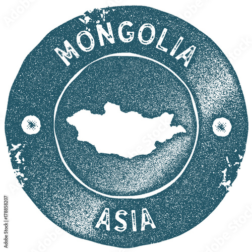 Mongolia map vintage stamp. Retro style handmade label. Mongolia badge or element for travel souvenirs. Rubber stamp with country map silhouette. Vector illustration.