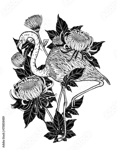 Flamingo with Chrysanthemum vector by hand drawing.Birds and flower tattoo highly detailed in line art style.Flower tattoo black and white concept.
