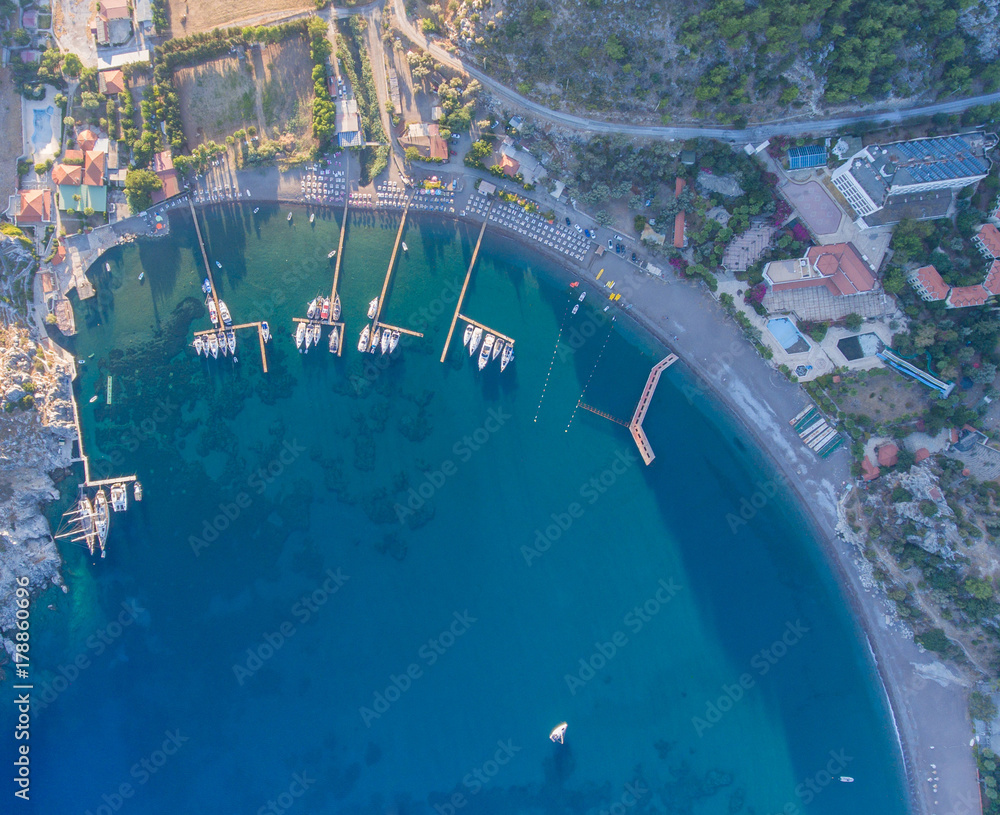 Evening seaside landscape. Aerial view of the Ciftlik bay.