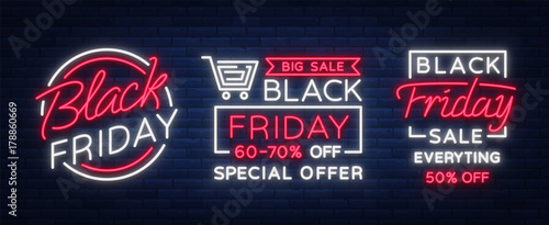Set of neon signs, posters, brochures on the Black Friday sale. Glowing neon sign, bright glowing advertising, discounts on sales Black Friday. Vector illustration