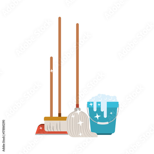 dustpan and broom and mop and bucket with water and soap detergent in colorful silhouette