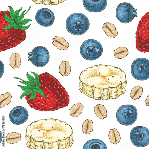 Seamless Pattern with Fruits and Oat Flakes