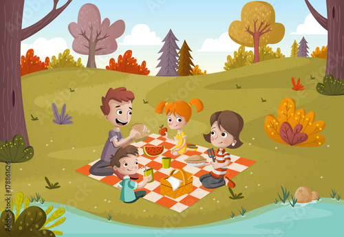 Cartoon family having picnic in the park on a sunny day. Nature background.