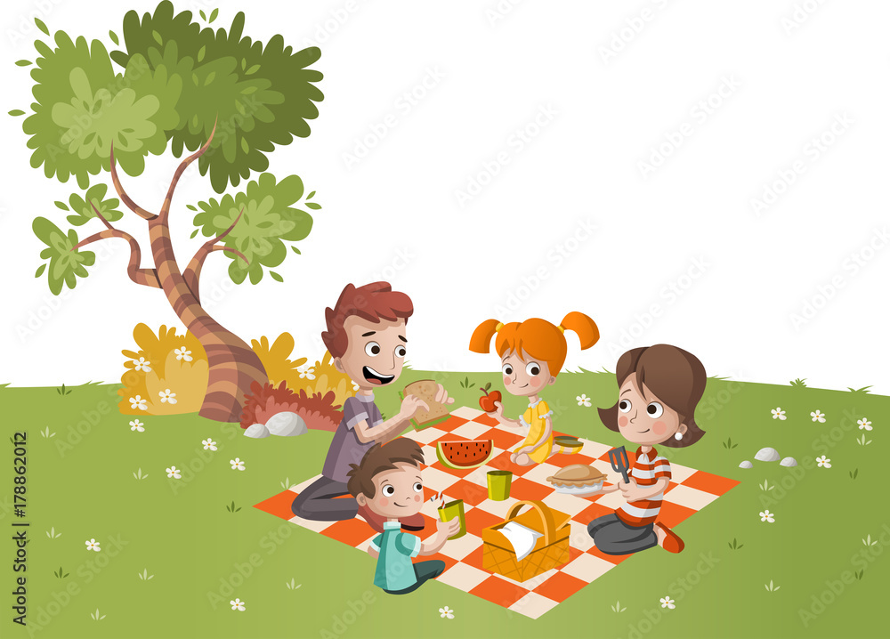 Cartoon family having picnic in the park on a sunny day. Nature background.  Stock Vector | Adobe Stock