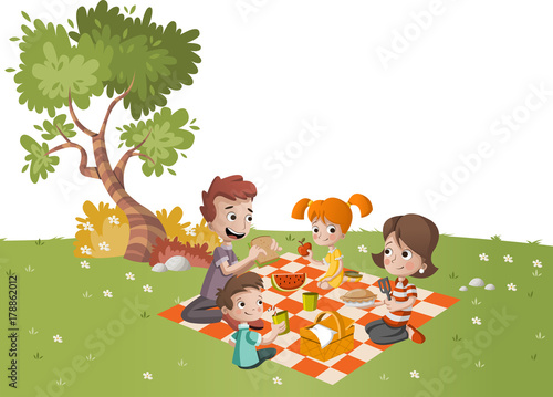 Cartoon family having picnic in the park on a sunny day. Nature background.
