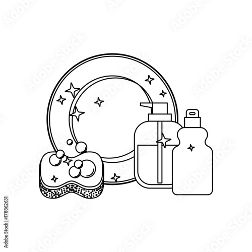 dish and sponge and dishwasher soap in monochrome silhouette
