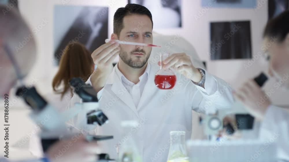 Portrait smiling research scientist working in the lab with colleagues. Portrait smiling research scientist working in the lab with colleagues.
