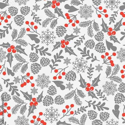 Winter seamless vector pattern with holly berries. Part of Christmas backgrounds collection. Can be used for wallpaper, pattern fills, surface textures,  fabric prints.