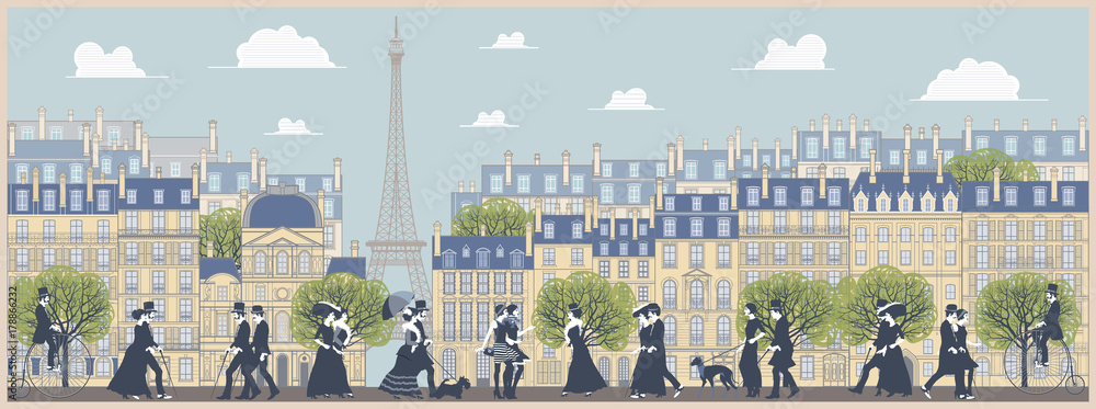 Fototapeta The landscape of the historic part of Paris, the promenade, old traditinal buildings, palaces and walking people. Handmade drawing vector illustration. Vintage style.
