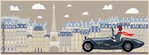 Photography Flapper girl in a retro car on a background of Paris
