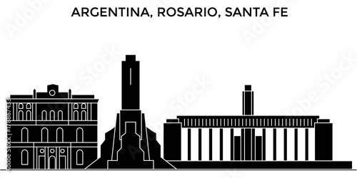 Argentina, Rosario (Santa Fe) architecture skyline, buildings, silhouette, outline landscape, landmarks. Editable strokes. Flat design line banner, vector illustration concept. 