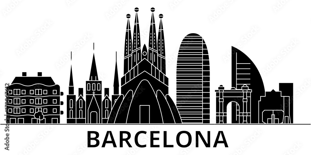 Barcelona architecture skyline, buildings, silhouette, outline landscape, landmarks. Editable strokes. Flat design line banner, vector illustration concept.