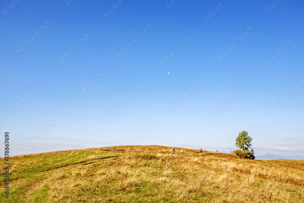 Mountain bikers riding the mountain bikes on the trail to horizon line against beautiful fall mountain landscape.  Extreme sport concept.