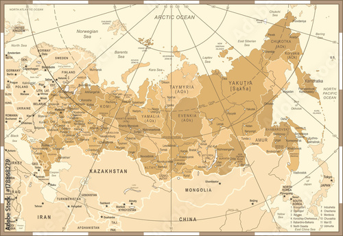 Fotografie, Obraz Russia Map - Vintage Vector Illustration