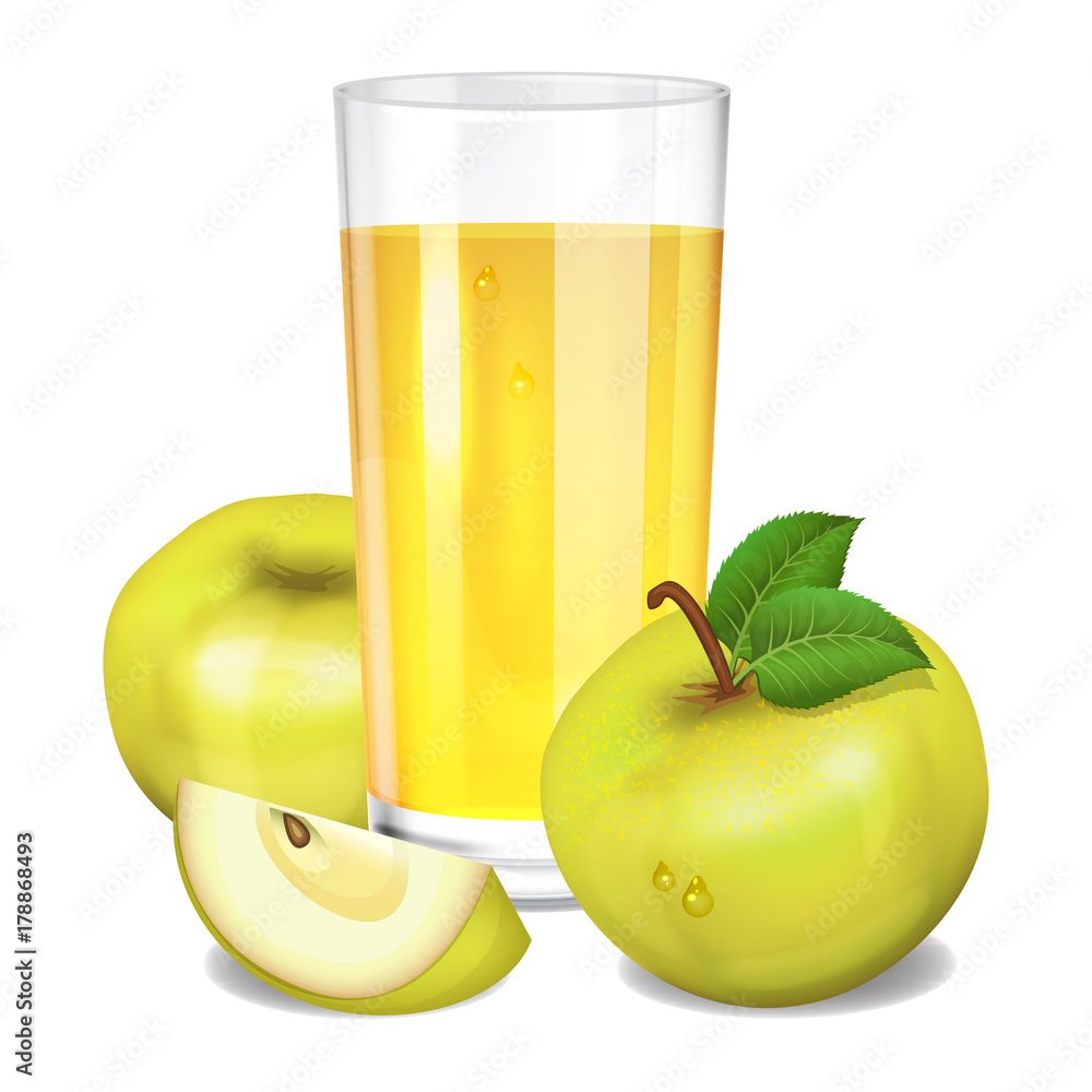 Fresh apple juice in glass, yellow apples and piece of apple. Realistic  transparent tall glass of juice, vector illustration on white background.  Stock Vector | Adobe Stock