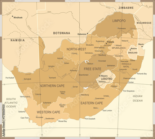 South Africa Map - Vintage Vector Illustration