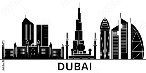 Dubai architecture skyline, buildings, silhouette, outline landscape, landmarks. Editable strokes. Flat design line banner, vector illustration concept. 